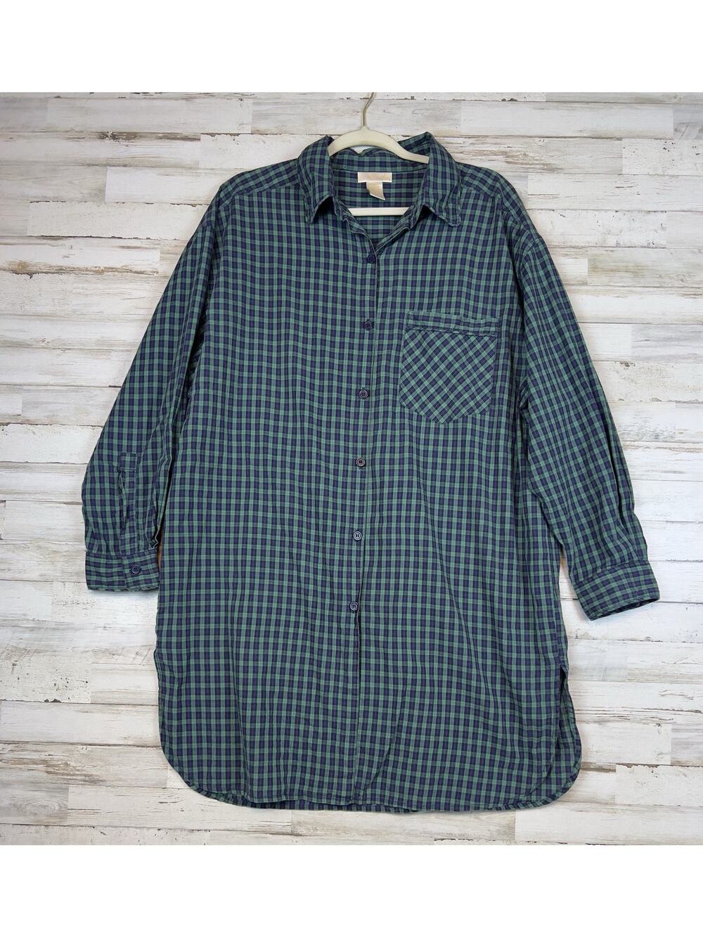 Delicates Sleep Shirt Womens Large Button Down Long Sleeve Green Plaid Nightgown